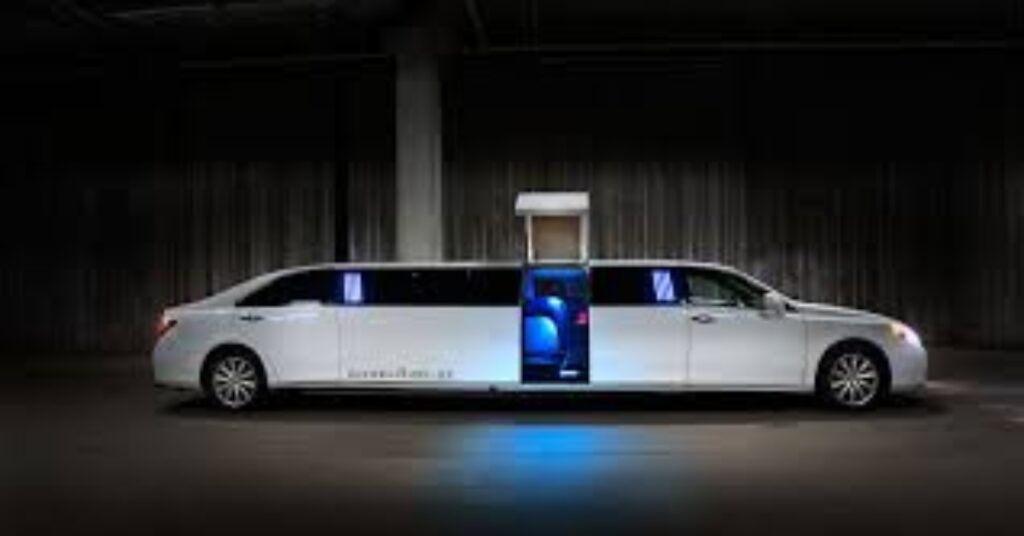 Sleek white limousine with blue light accents